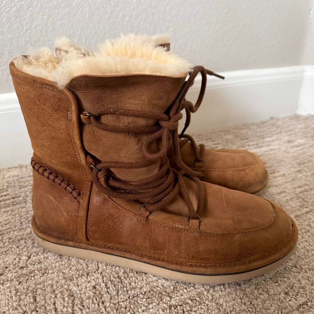 UGG Lodge Chestnut Suede Lace Up Sheepskin Boots - 10 Gorpcore - Picture 2 of 6